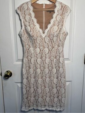 INC White Lace Sheath Dress Eyelash Trim Illusion V Neck Size 14 Bridal Grad